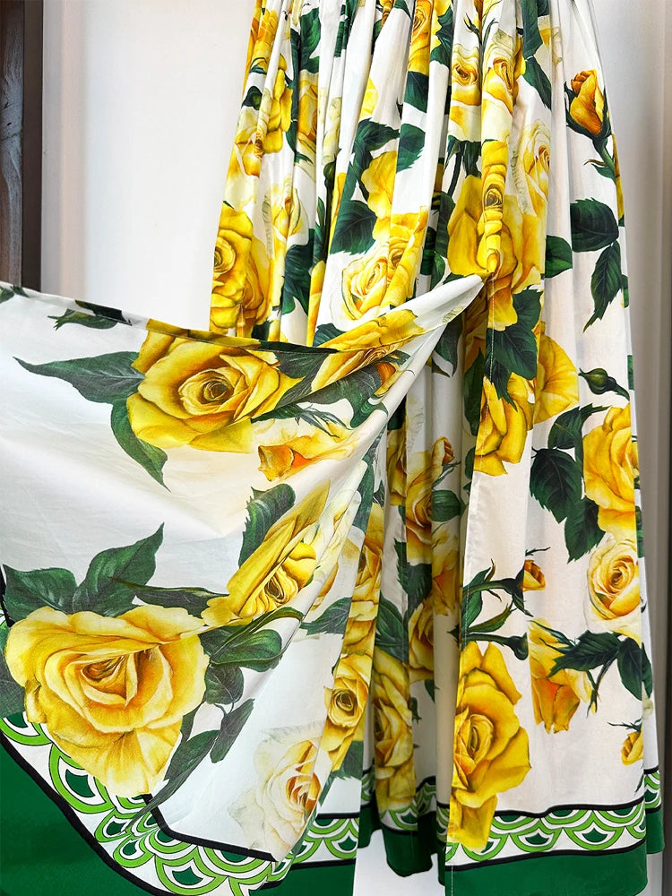 Sicilian 100% Cotton Skirt Women High Quality Yellow Rose Flower Print With Pockets Split Long Elegant Party Beach