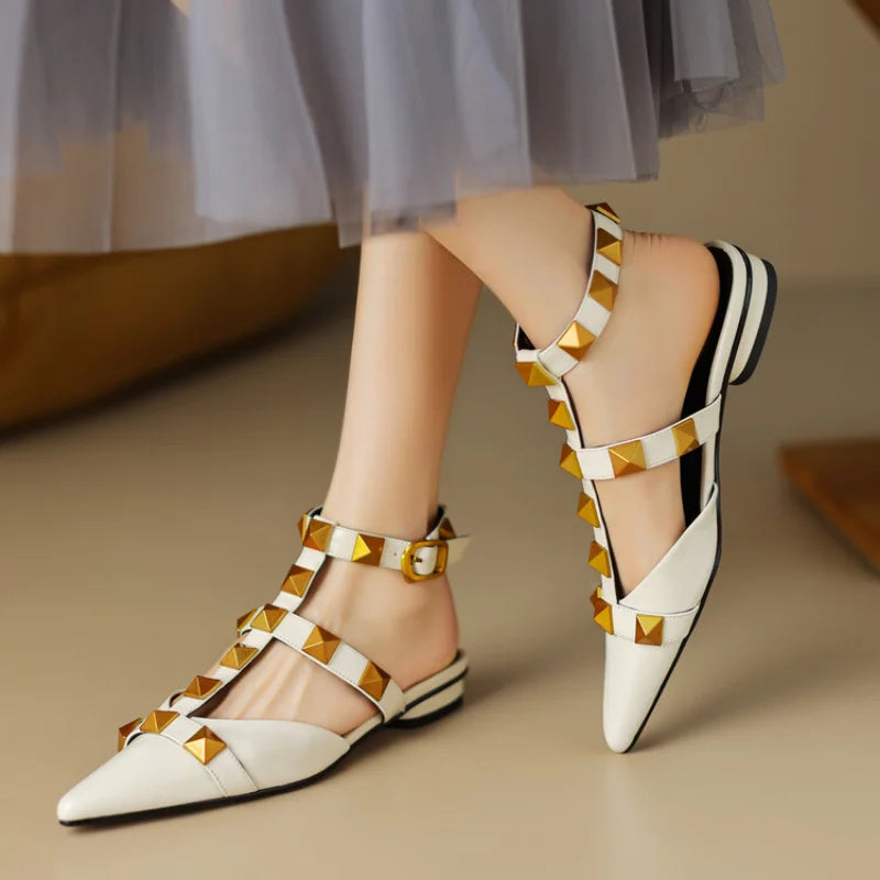 Ochanmeb Genuine Leather Sandals Women Flats Punk Studs Rivet Pointed Toe Flat Shoes Woman Ankle Buckle Strap Gold Party Sandals