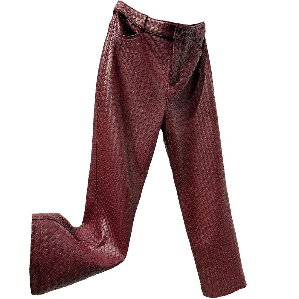 YOLOAgain Women's Real Leather Pants Trouses Hand-Woven Pants 2024 Autumn