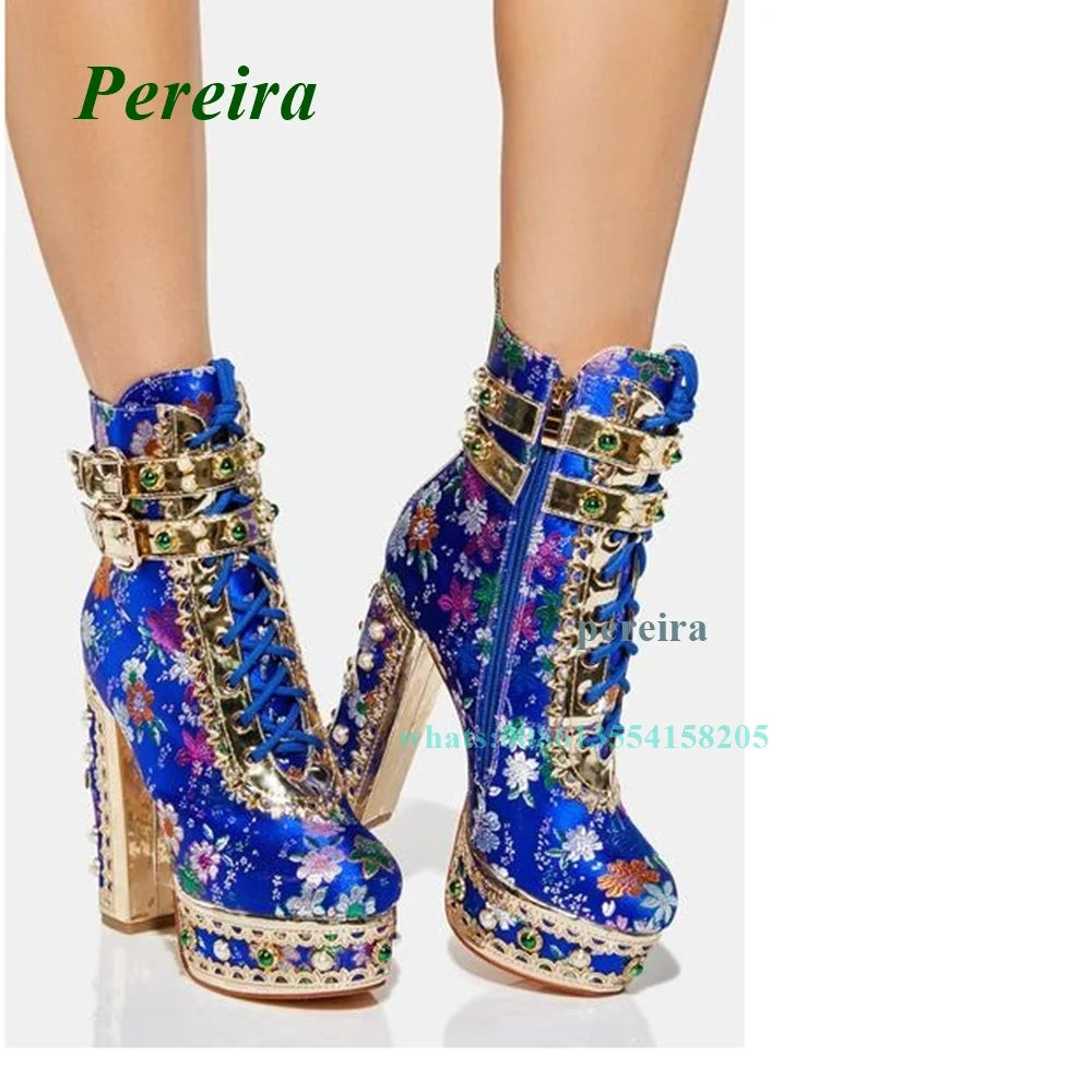 Blue Retro Pattern Women's Shoes 2022 New Round Toe Platform Metal Boots Chunky Heel Buckle Strap High Heels Side Zipper Sexy