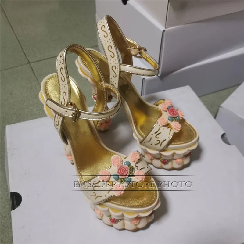 Print Flower High Platform Sandals Women Ankle Strap Sweet Pink Banquet Shoes Woman Rose Decor Strange Heel Summer Sandalias