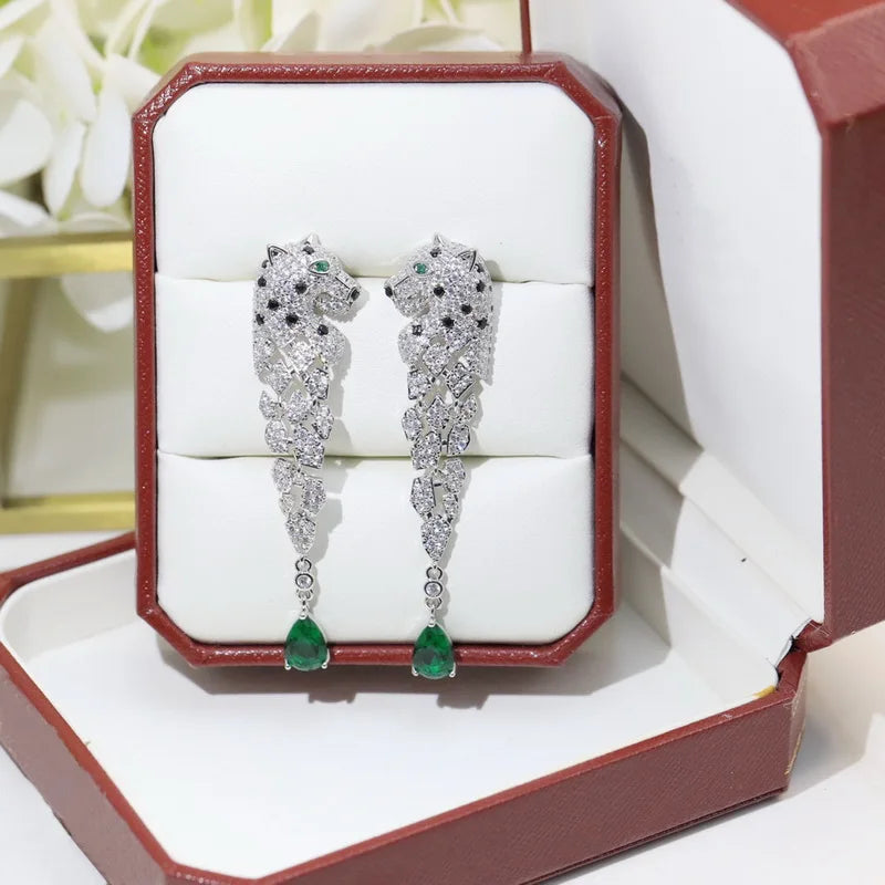 Europe America Designer Luxury Women Lady Setting Full Czech Zircon Green Eyes Leopard Head Tassels Stud Earrings