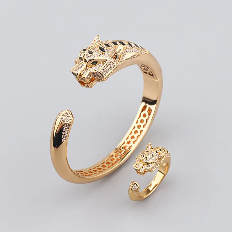 Europe America Fashion Style Women Lady Plated Gold Color Green Eyes Black Spots Cubic Zircon Leopard Open Ring Bracelet Bangle