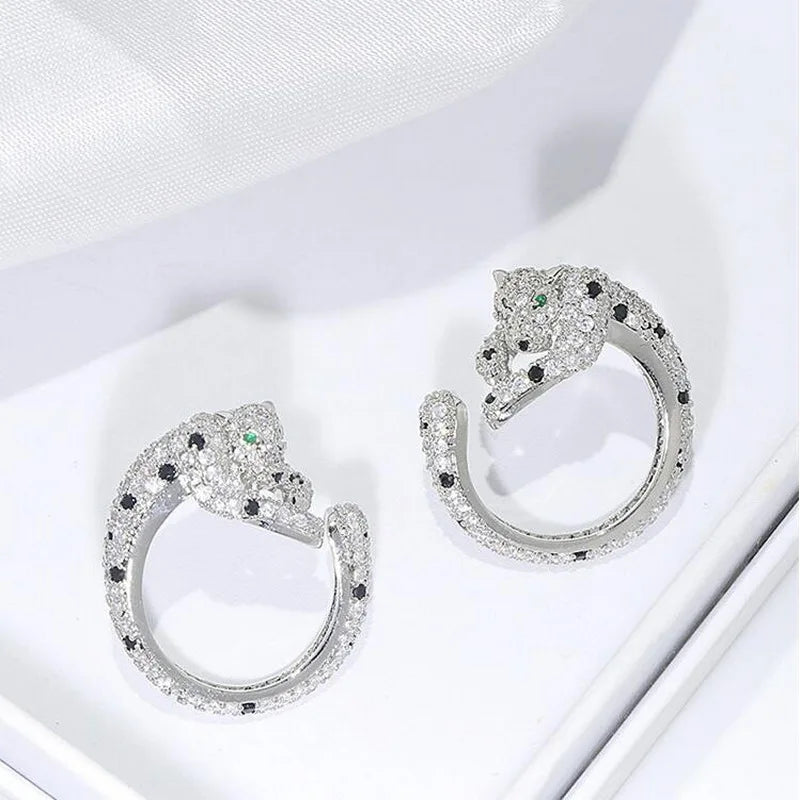 Europe America Designer Luxury Style Women Lady Setting Full Czech Zircon Black Spot Green Eyes Leopard needles Earrings