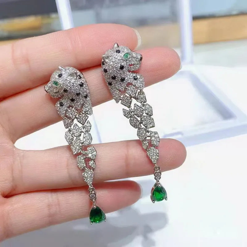 Europe America Designer Luxury Women Lady Setting Full Czech Zircon Green Eyes Leopard Head Tassels Stud Earrings