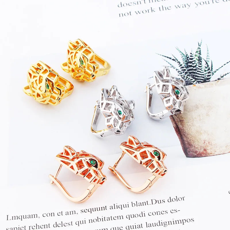 Europe America Designer Luxury Women Lady Micro Inlaid Full Zircon Green Leopard Plated Gold Color Stud Ear Clip Earrings