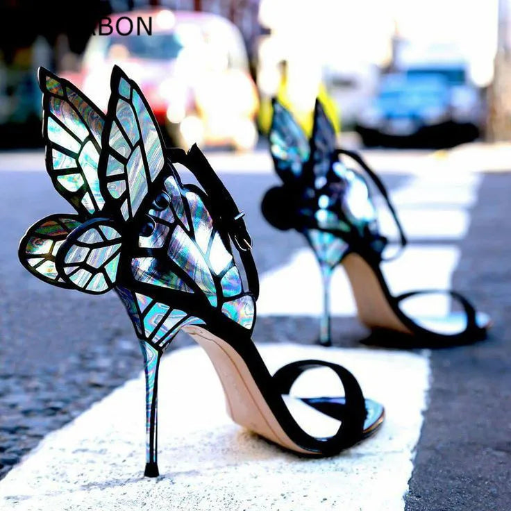 High-end Women Orange Butterfly Sandals Metal Stiletto Heel Metallic Cut-outs Pumps Bling Bling Crystal Celebrity Wedding Shoes