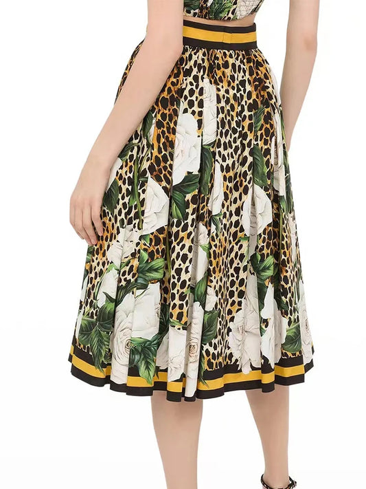 100% Cotton Skirt Summer Fashion Party Holiday Elegant Leopard and Flower Printed Half Dresses