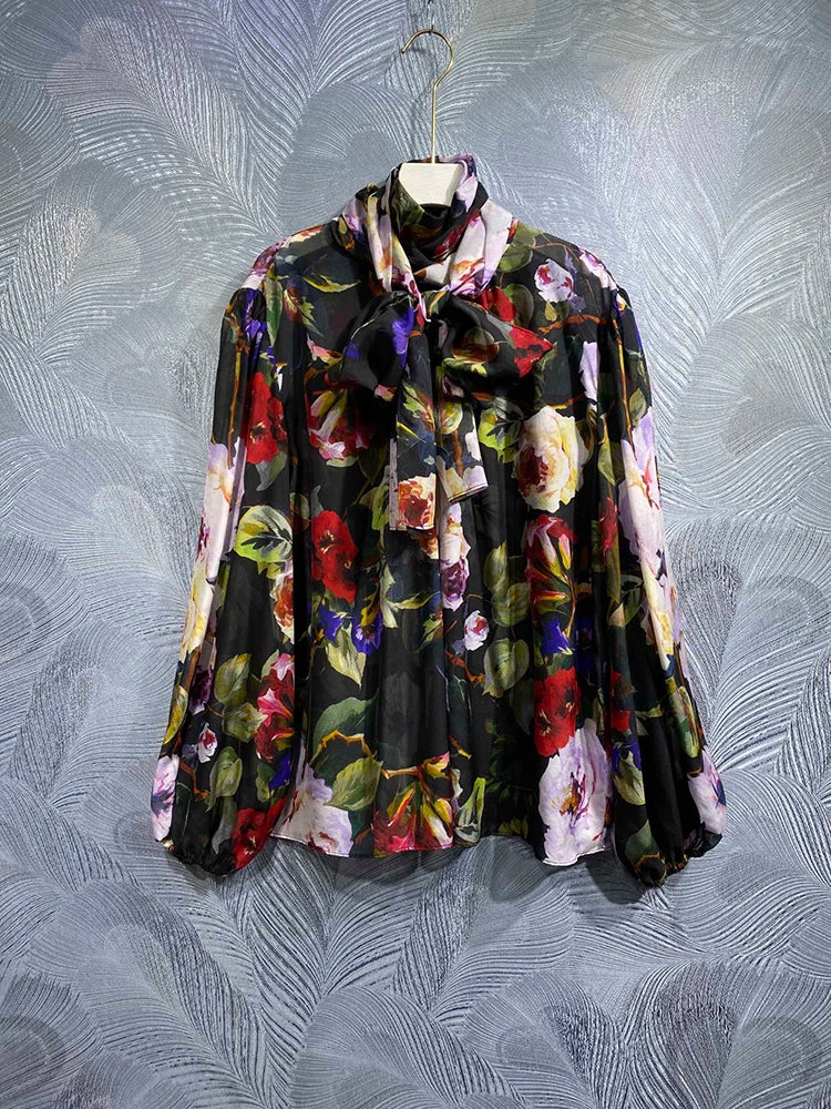 Elegant Chiffon Blouse Summer Spring New Fashion Design Women Runway High Quality 100% Silk Vintage Sicily Flower Print