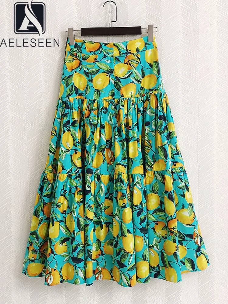 Runway Fashion Women Sicilian Skirt 100% Cotton 2022 Summer Lemon Printed Yellow Green Elegant Long Party Holiday