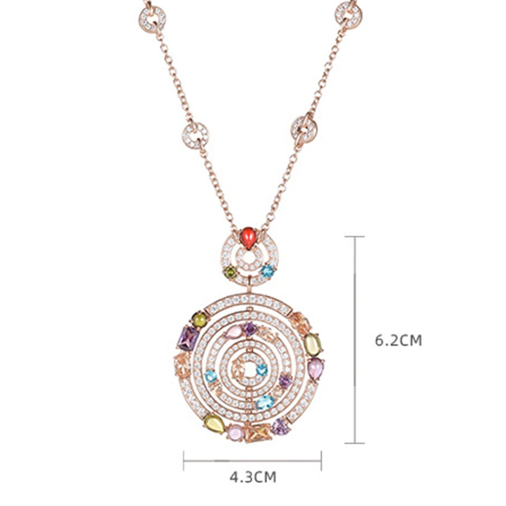 Women's Top Fashion Multi Color Crystal Zircon Big Round Circle Pendant Necklace Gold Plated Party Jewelry Wholesale