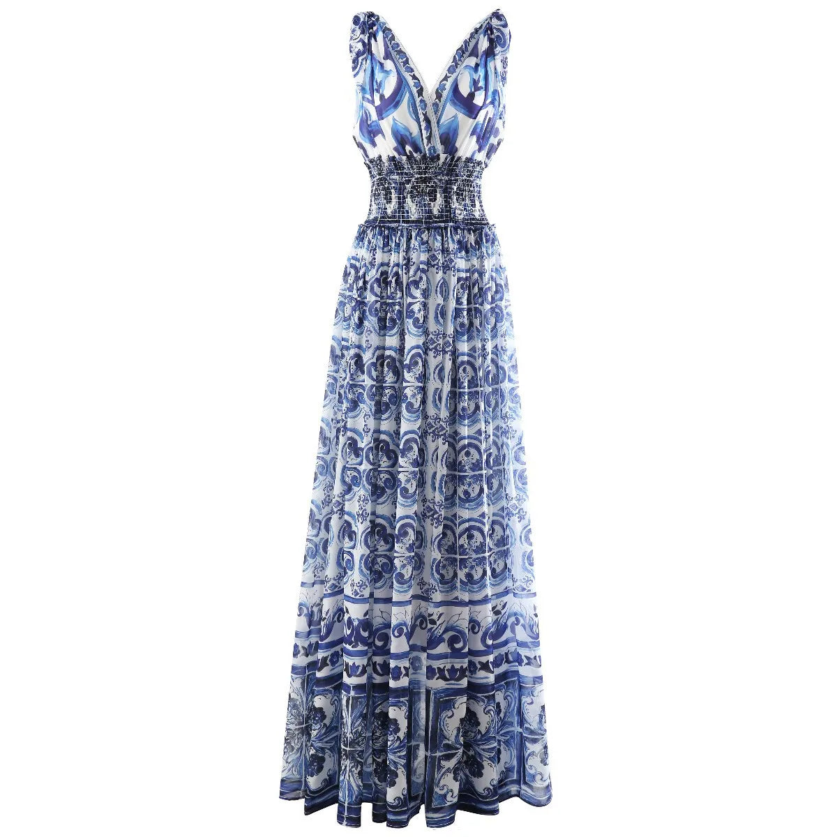 Women Printing Maxi Long Dress Sleeveless Straps Blue and White Porcelain Pattern Summer Beach Dresses