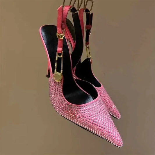 European and American Women's Slim High Heeled Sandals with Metal Decorative Buckles, Sexy Hot Diamond Wrap Wedding Shoes