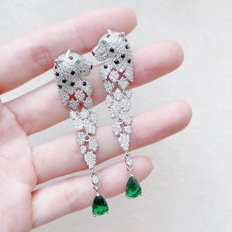 Europe America Designer Luxury Women Lady Setting Full Czech Zircon Green Eyes Leopard Head Tassels Stud Earrings