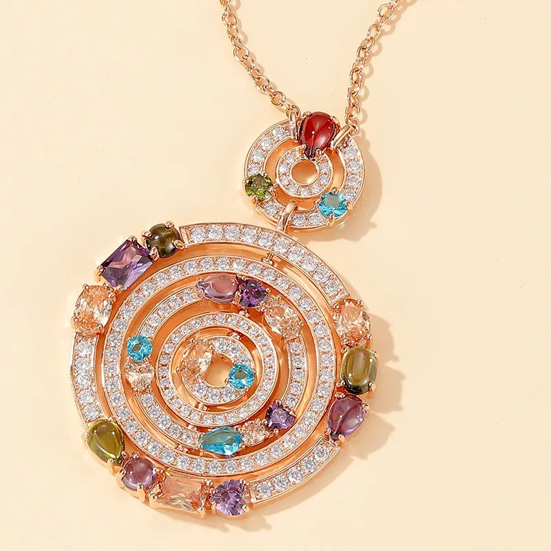 Women's Top Fashion Multi Color Crystal Zircon Big Round Circle Pendant Necklace Gold Plated Party Jewelry Wholesale