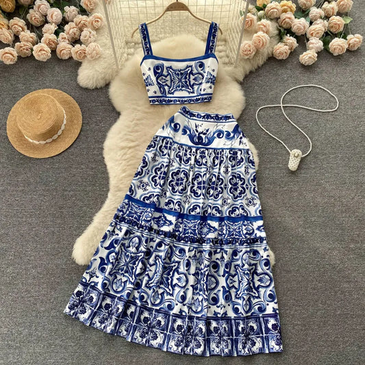 Summer Runway Blue And White Porcelain Two Piece Set Women Flower Print Short Crop Top + Holiday Beach Maxi Skirt Suits