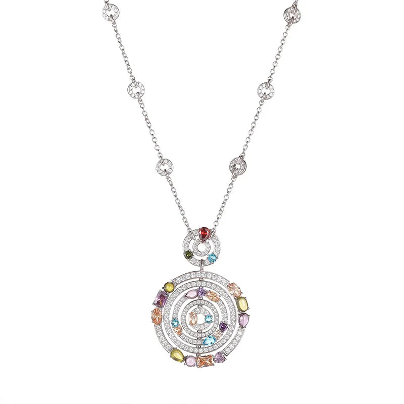 Women's Top Fashion Multi Color Crystal Zircon Big Round Circle Pendant Necklace Gold Plated Party Jewelry Wholesale