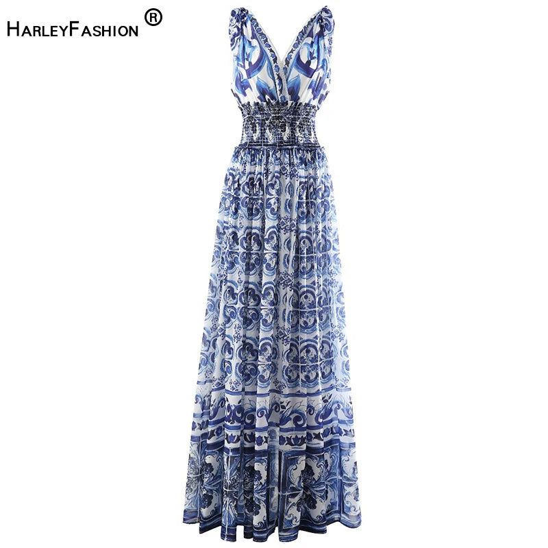 Women Printing Maxi Long Dress Sleeveless Straps Blue and White Porcelain Pattern Summer Beach Dresses