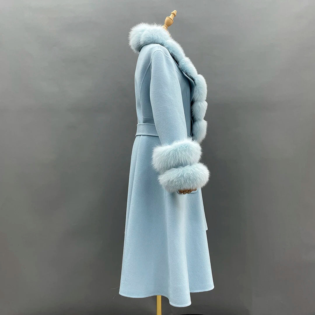 2022 Women's Winter Coats Real Fox Fur Collar Cashmere Wool Jackets Luxury Long Trench Padded Coats Overcoat Female