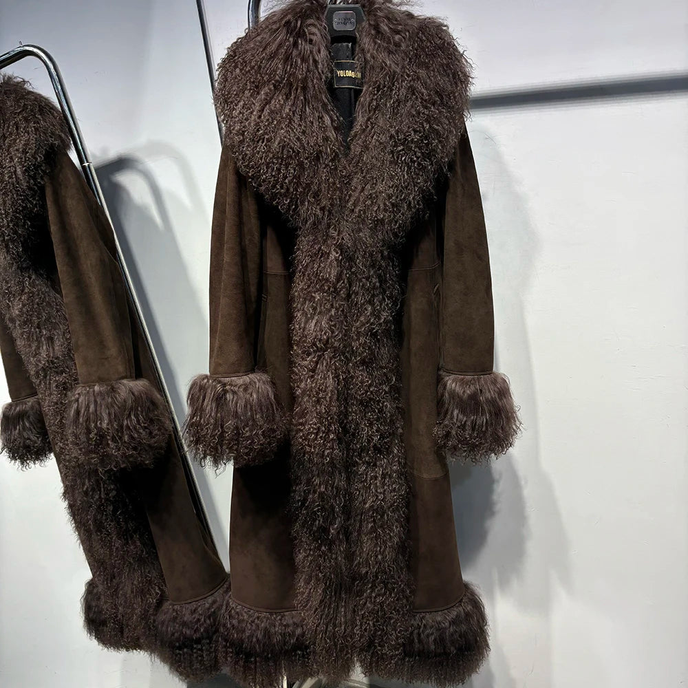 YOLOAgain Mongolia Sheep Fur Collar Real Leather Coat Women Suede Jacket 2024 Winter Outerwear