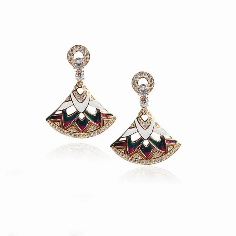 Luxurious Fashion Style Women Lady Settings Czech Zircon Colored Enamel Fan-Shaped Pendant Plated Gold Color Earrings Necklace