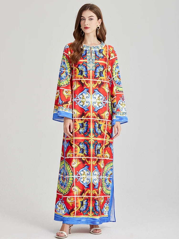 New Fashion Bohemian Holiday Loose Maxi Dresses For Women Long Sleeve O Neck Flower Print Side Split Muslim Robe Vestidos
