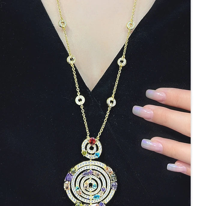 Women's Top Fashion Multi Color Crystal Zircon Big Round Circle Pendant Necklace Gold Plated Party Jewelry Wholesale