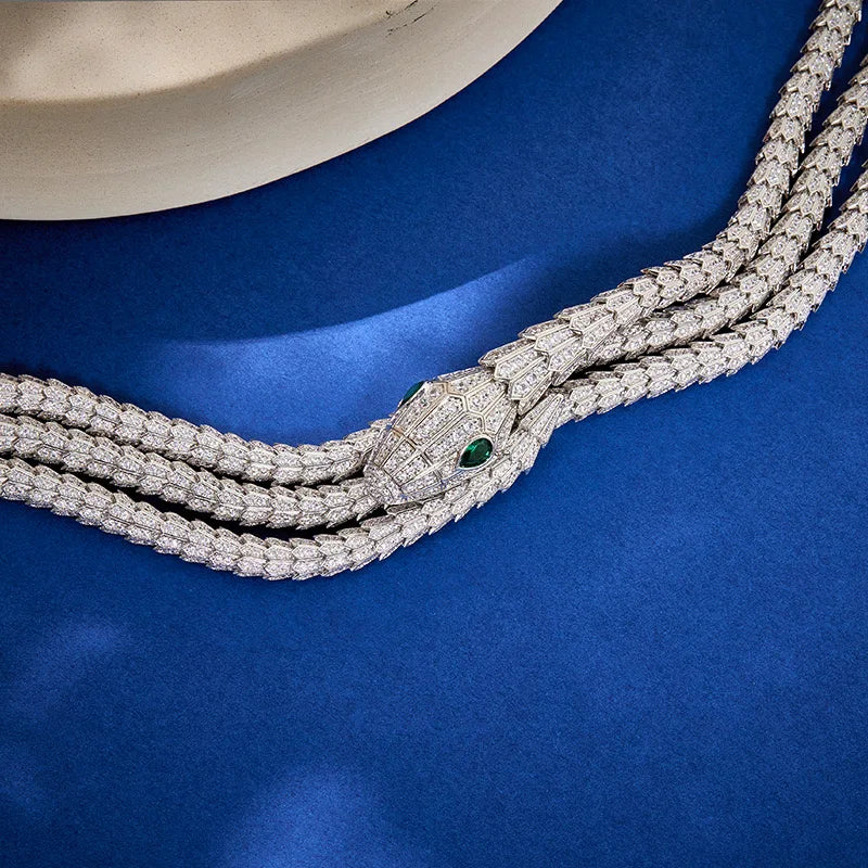 Women's Chic Snake Jewelry Set - 3-Layer Necklace & Bracelet with Green Zircon Eyes, Perfect Birthday or Banquet Gift