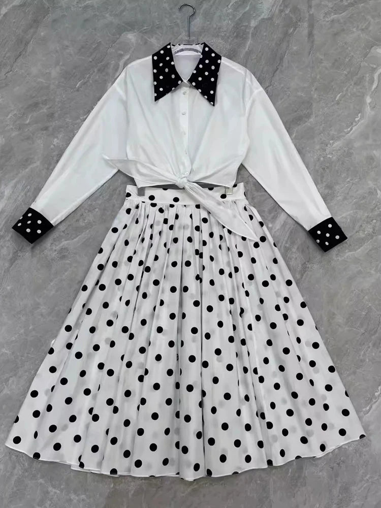 High Quality 100% Cotton Skirt Women Runway Fashion Black White Dots Letters Print Classic Elegant Midi Party Holiday