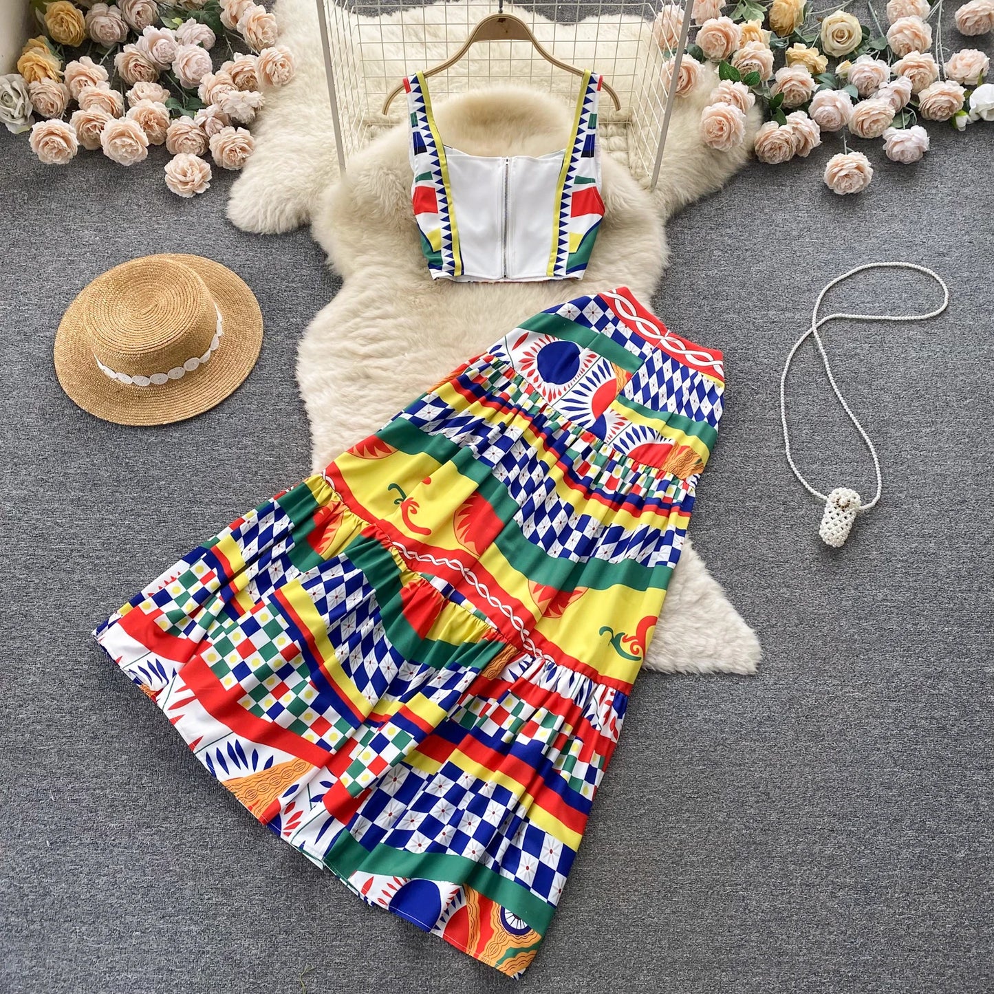 Summer Runway Holiday Beach Two Piece Set Women's Cup Padded Spaghetti Strap Colorblock Print Short Crop Tops＋Maxi Skirts Suit