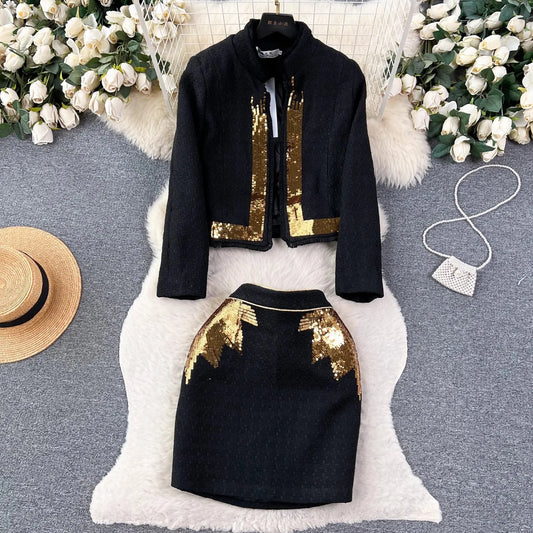 JAMERARY Small Fragrance Sequined Two Pieces Set For Women's Fashion Shinny Blazer Tweed Jacket Coat + Woolen Mini Skirt Suits