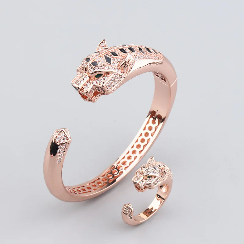 Europe America Fashion Style Women Lady Plated Gold Color Green Eyes Black Spots Cubic Zircon Leopard Open Ring Bracelet Bangle