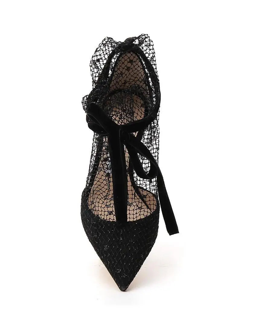 2024 Sexy Pointy Lace High Heel Shoes with Shallow Lace and Thin Heel Shoes for Banquet Breathable Bow Mesh High Heel Shoes