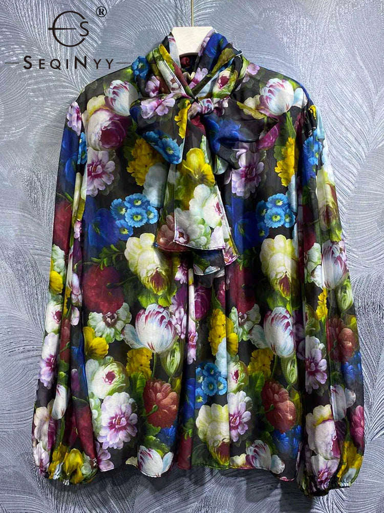 Elegant Chiffon Blouse Summer Spring New Fashion Design Women Runway High Quality 100% Silk Vintage Sicily Flower Print