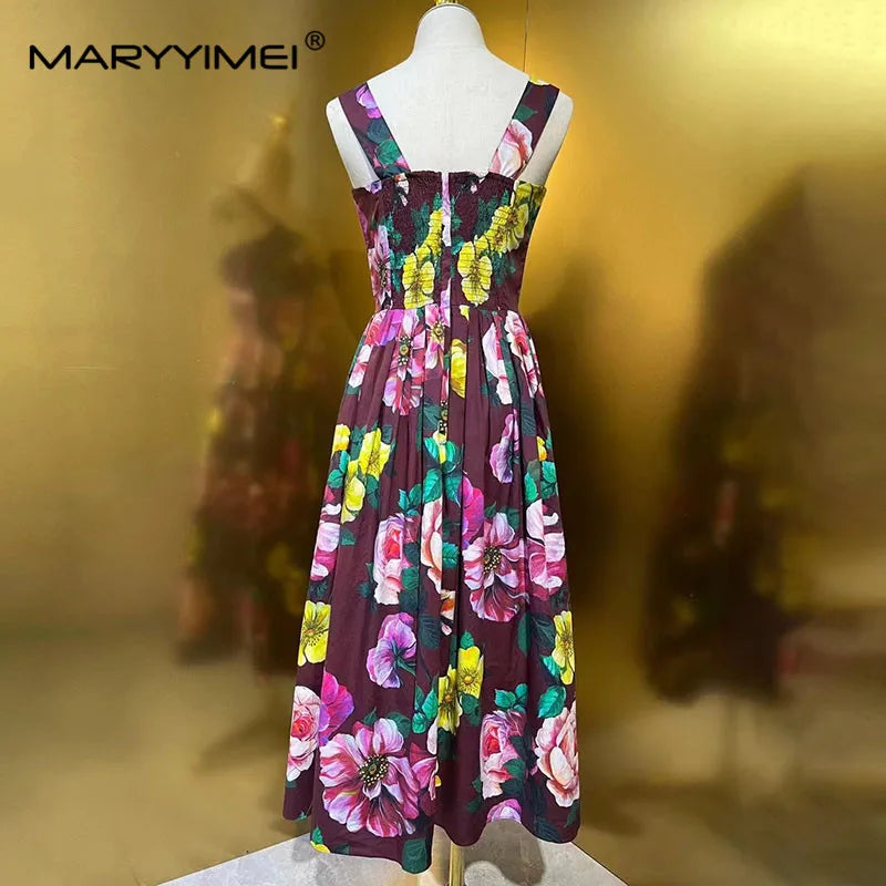 Fashion Women's Cotton Vintage Sexy Spaghetti Strap Backless Pleated Printed Elegant Chic Holiday Summer MIDI Dresses