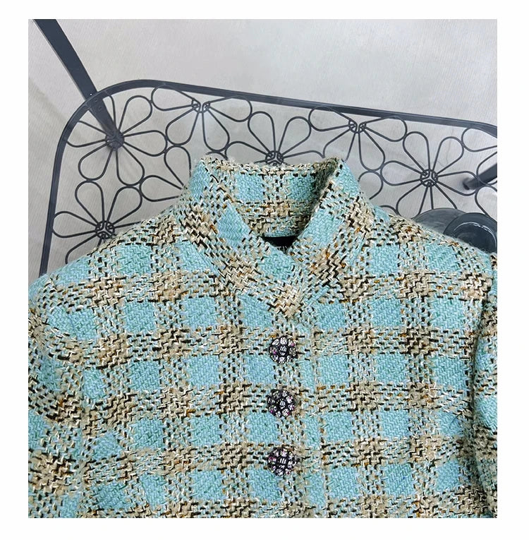 2023 Autumn Brand New Designer Fashion Women's Elegant High Quality Stand Collar Blue/Pink Plaid Tweed Coat F059