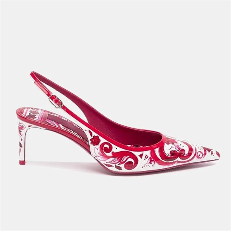 Blue and White Porcelain Printed High-heeled Shoes Female Lamb Leather Pointed Back Empty Stiletto Sandals 6CM