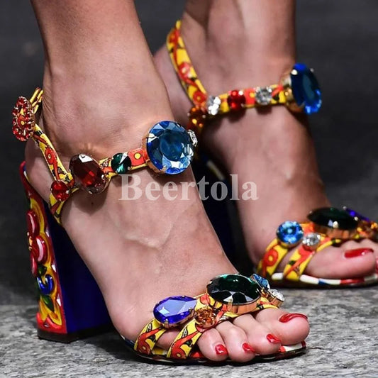 Woman Luxury Rhinestone Sandals Bohemia Gem Ankle Strap Chunky Heels Open Toe Mid-Heel Mixed Color Party Dress Printed Shoes