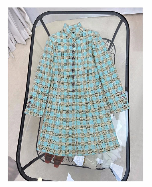 2023 Autumn Brand New Designer Fashion Women's Elegant High Quality Stand Collar Blue/Pink Plaid Tweed Coat F059