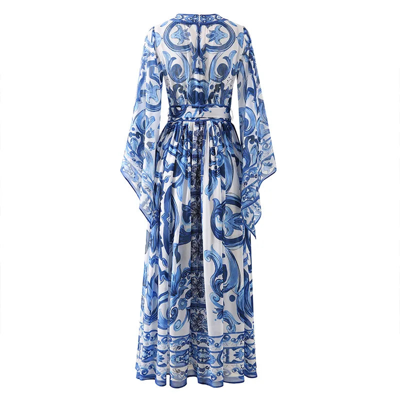 Red Blue And White Chiffon Porcelain Print Holiday Dress Summer Vintage Bohemia Dress Women's  Loose Lace Up Belt Long Robe Vestido