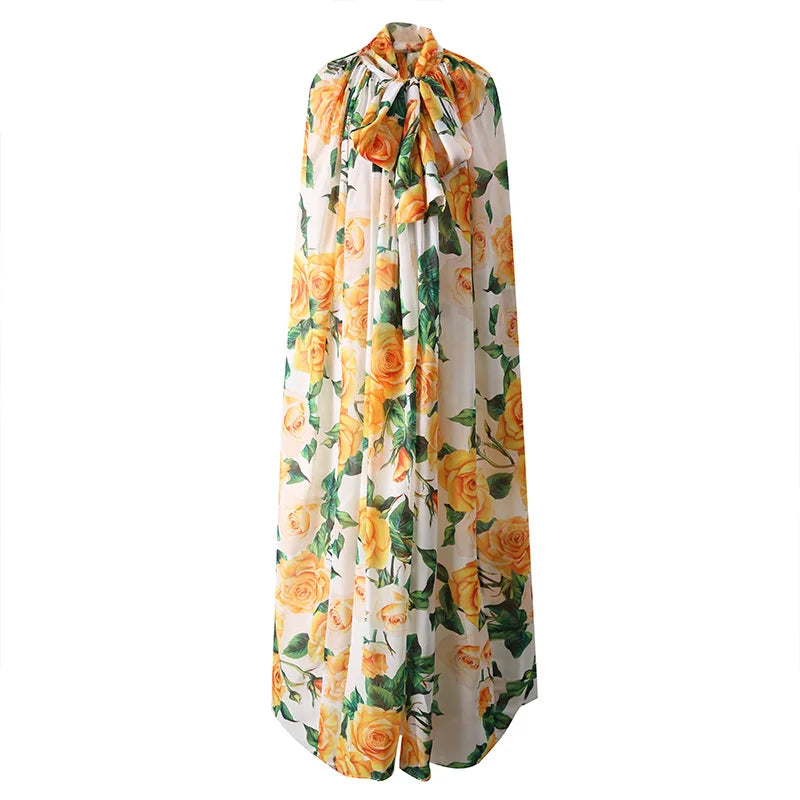 Women Elegant Yellow Rose Print Long Capes Fashion Scarf Dress Bow Cloak New Shawl Coat Collection 2024 Trendy Wrap