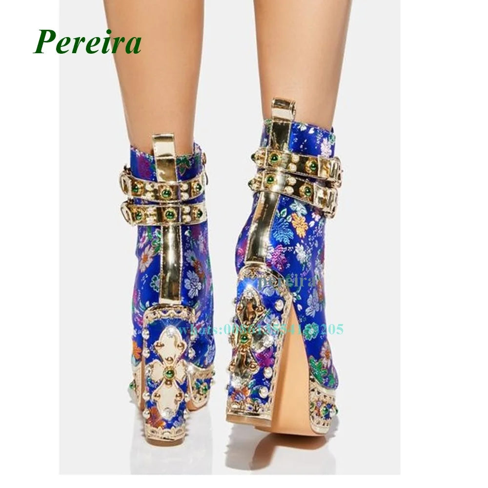 Blue Retro Pattern Women's Shoes 2022 New Round Toe Platform Metal Boots Chunky Heel Buckle Strap High Heels Side Zipper Sexy