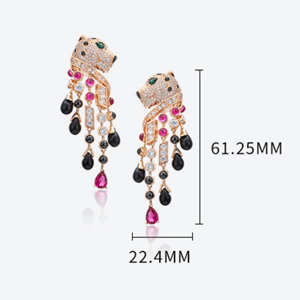 Black Red Stone Leopard Tassel Long Dangle Panther Earrings Necklace Luxury Designer Rose Gold plated Jewelry Set For Women 2024