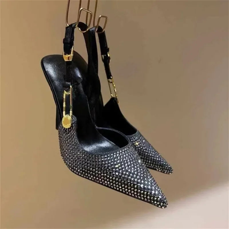 European and American Women's Slim High Heeled Sandals with Metal Decorative Buckles, Sexy Hot Diamond Wrap Wedding Shoes