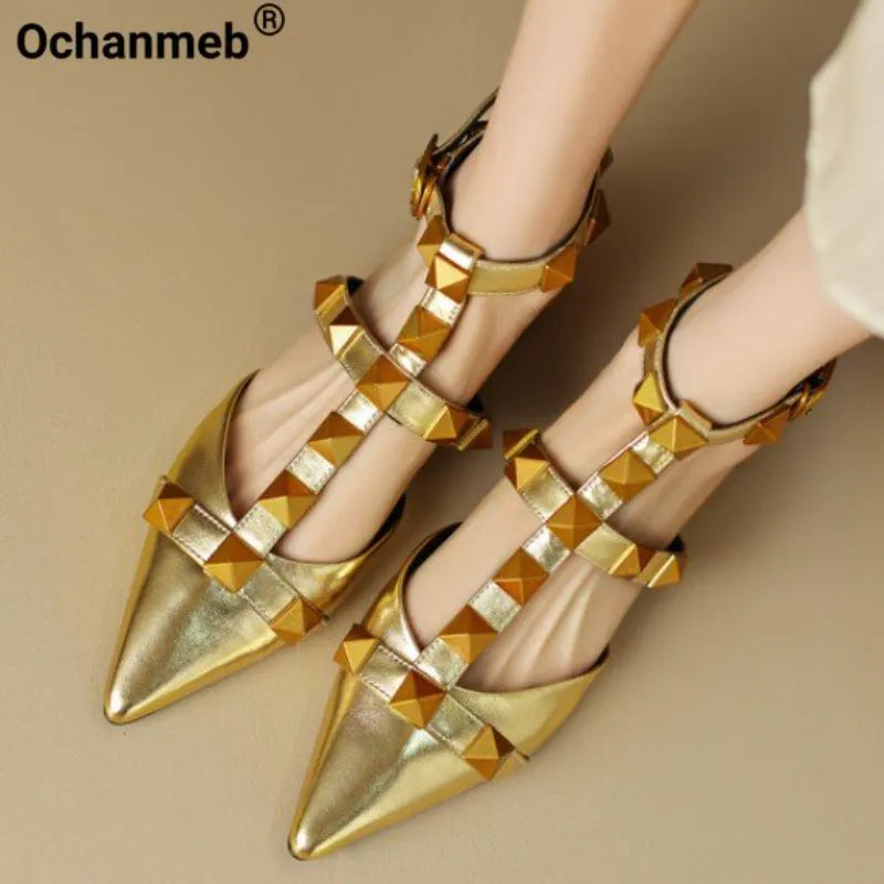 Ochanmeb Genuine Leather Sandals Women Flats Punk Studs Rivet Pointed Toe Flat Shoes Woman Ankle Buckle Strap Gold Party Sandals