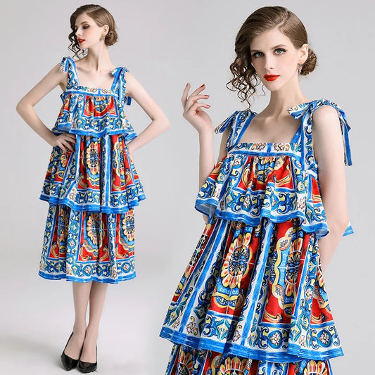 Fashion Runway Summer Dress 2022 Spaghetti Straps Sexy Slash Neck Sundress Women Blue And White Porcelain Layers Ruffles Robe