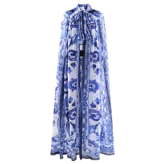 New Fashion Loose Chiffon Porcelain Print Bow Cape Versatile Women’s Cloak Parties Vacations Stylish Scarf Collar Shawl Coat