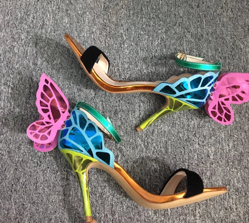 High-end Women Orange Butterfly Sandals Metal Stiletto Heel Metallic Cut-outs Pumps Bling Bling Crystal Celebrity Wedding Shoes