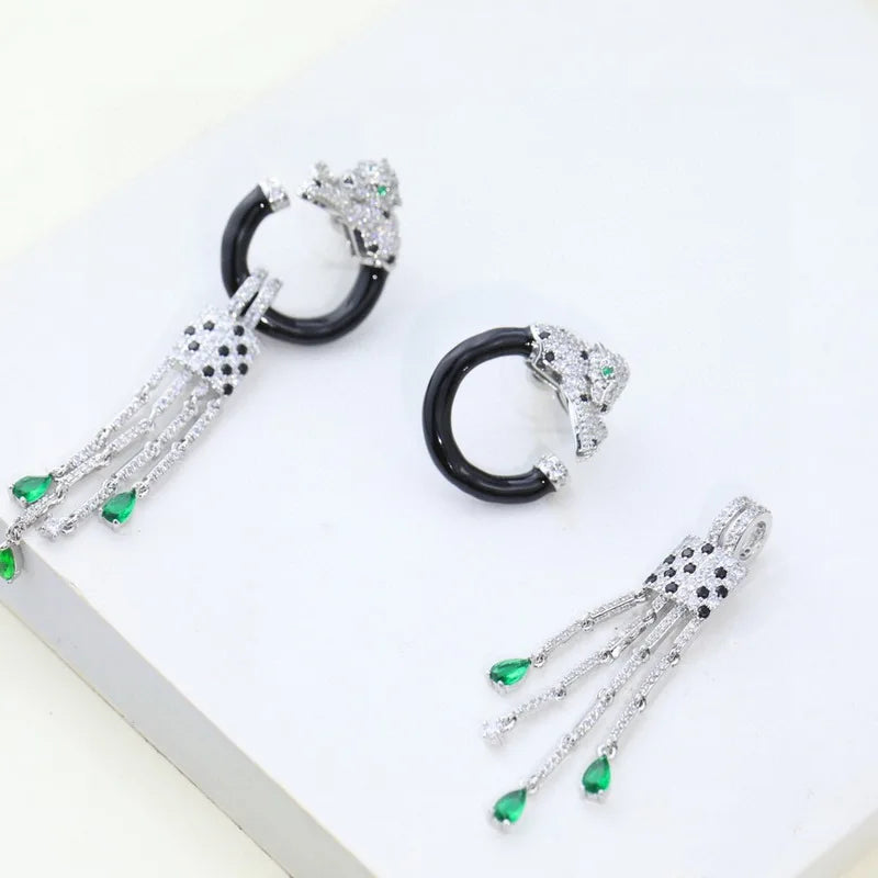 Europe America Designer Luxury Style Women Lady Setting Full Czech Zircon Green Eyes Leopard Black Circle Tassels Stud Earrings