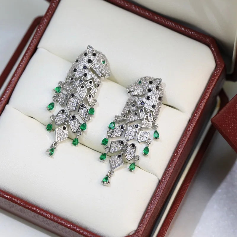 Europe America Designer Luxury Women Lady Setting Full Czech Zircon Green Eyes Leopard Black Spot Tassels Stud Earrings